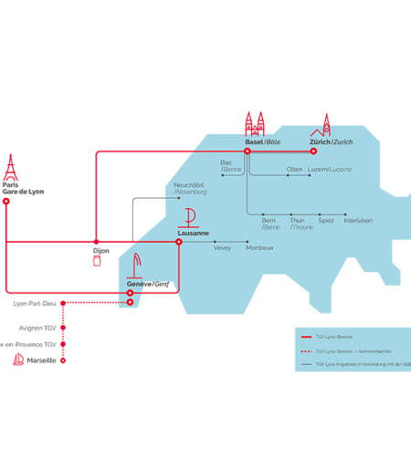 Netzkarte: Liste der Destinationen mit TGV Lyria